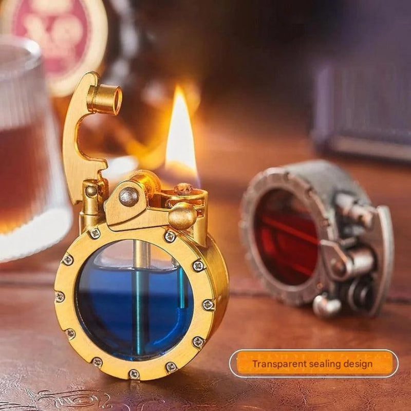 FlintAura – Encendedor de trinchera transparente con cierre de botón y diseño de tanque visible