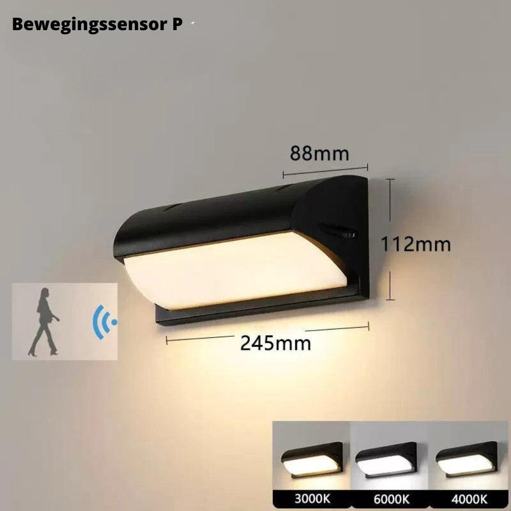 LumiGlow - Lámpara de pared exterior delgada con sensor de movimiento y sistema automático de regulación de luz