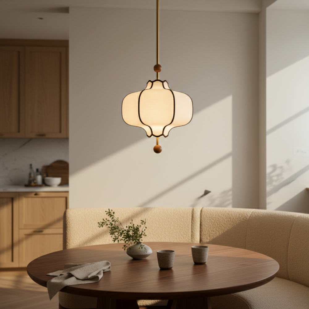 Lanora | Elegante Lámpara Colgante de Tela Moderna para Cocina con Acabados en Nogal