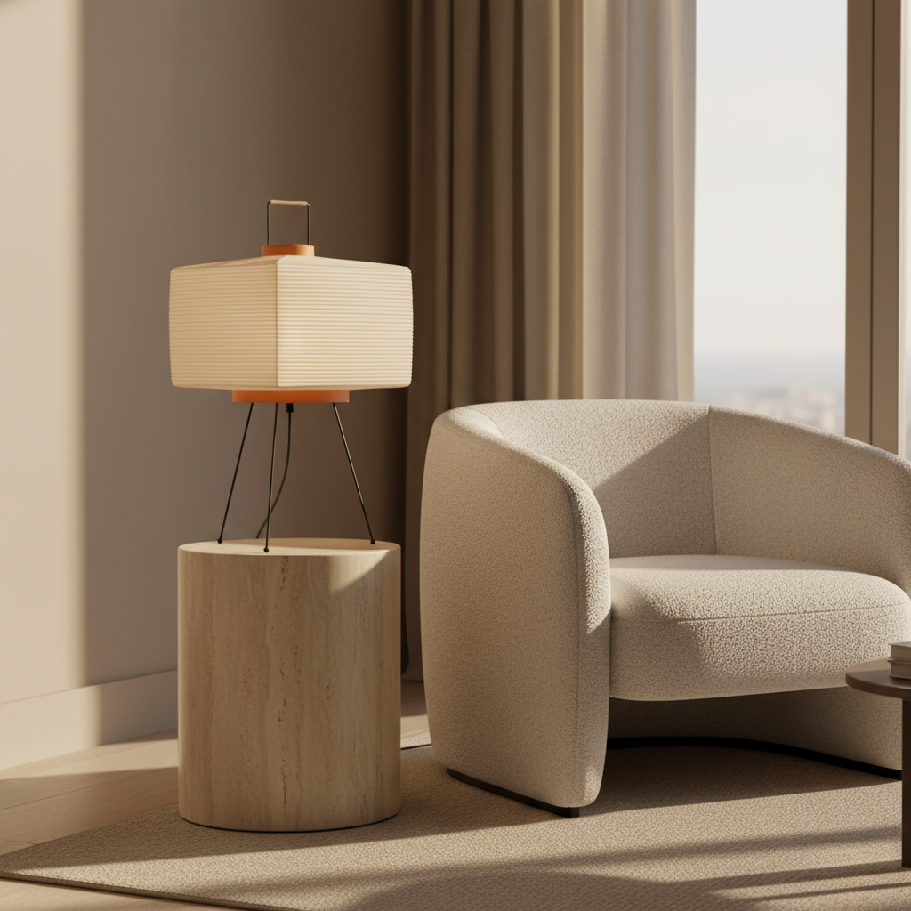 Lámpara de Mesa Minimalista Akari 7A con Pantalla de Papel Washi Plegado a Mano
