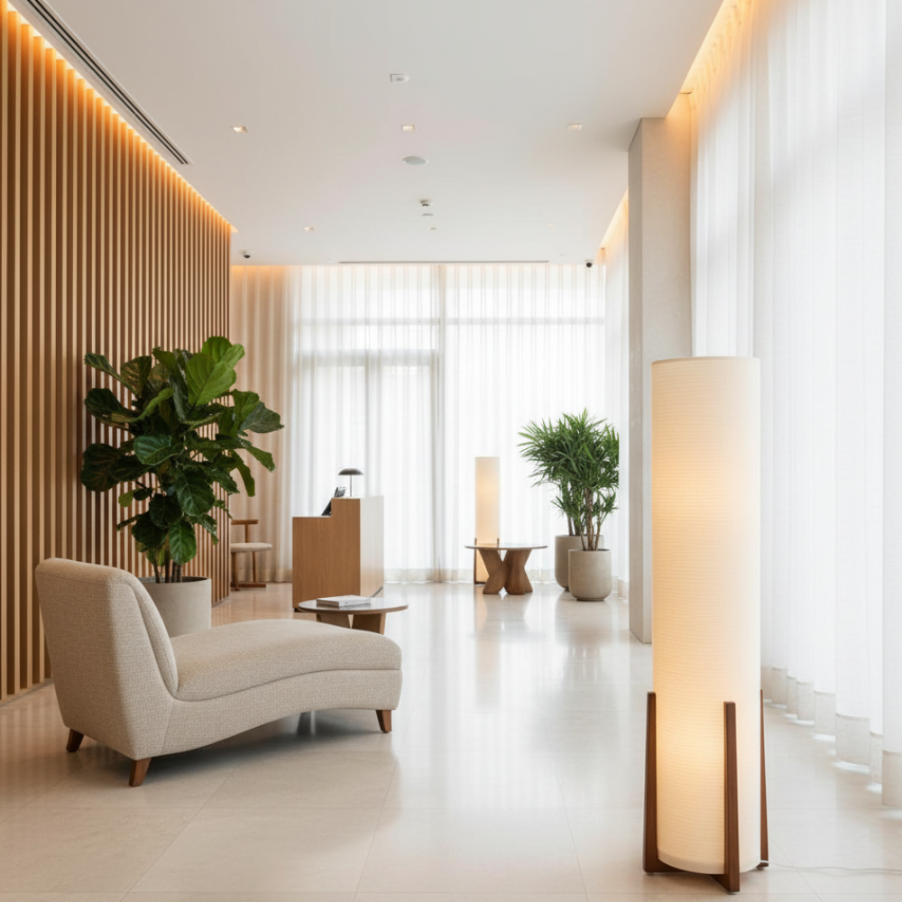Hajime — Lámpara de Pie Tradicional Japonesa Elegante con Pantalla de Tela Blanca para Sala de Estar