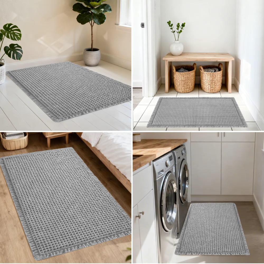 Alfombrilla de Baño Super Absorbente Waffle | Alfombra de Microfibra Antideslizante con Borlas