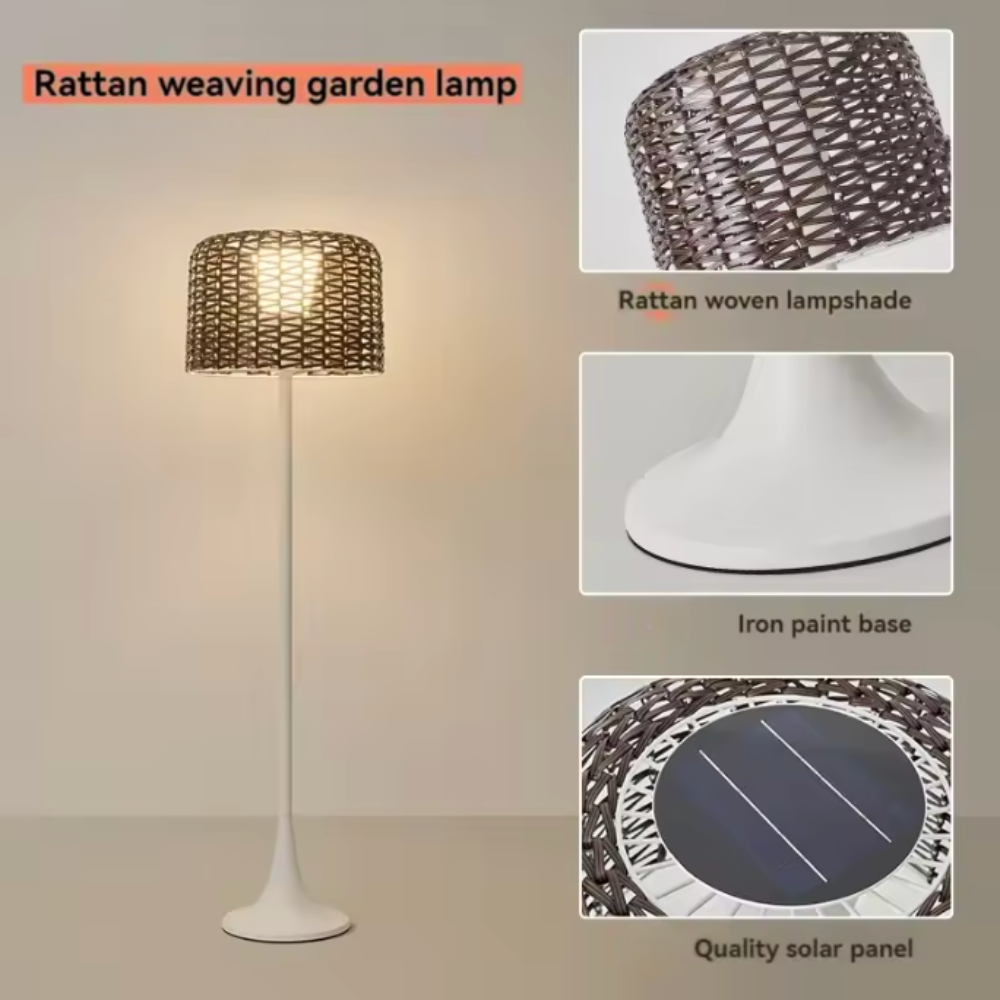 Lámpara de Suelo Solar Exterior Elegante | Luz de Jardín LED de Rattan Impermeable