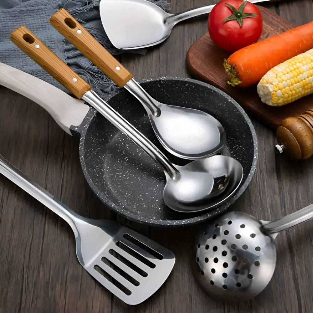 Lisslune | PRESTICOOK – Set de Ayuda en la Cocina hecho de acero inoxidable con mangos de madera, duradero y fácil de cuidar