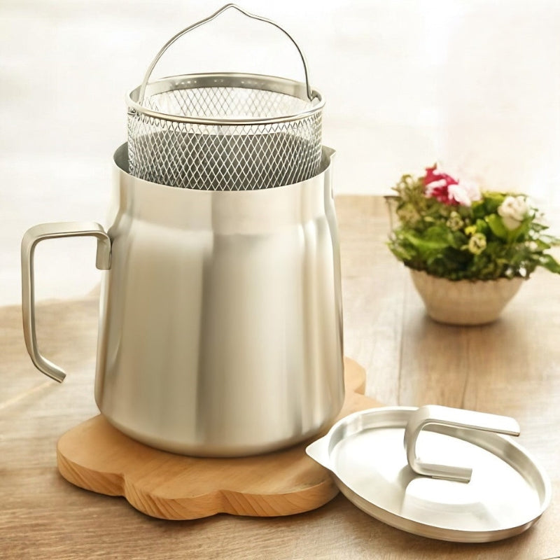PureFry – Jarra de almacenamiento de aceite de acero inoxidable con colador, tapa y cesta para freír