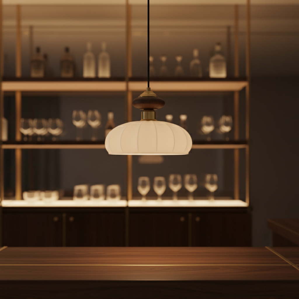 Lámpara Colgante Ceres - Elegante Pantalla de Vidrio Orgánico y Acento de Madera para Iluminación de Isla de Cocina