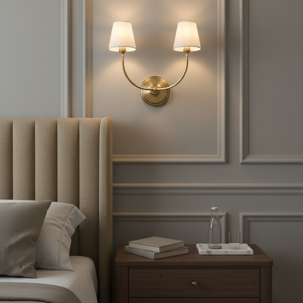 Aplique de Pared Doble Cadence con Brazos de Latón y Pantallas de Tela