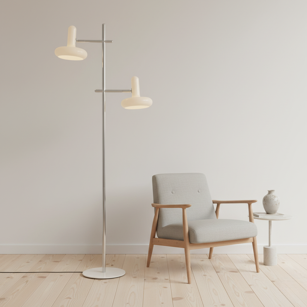 Lámpara de Pie Moderna Estilo Bauhaus con Cabezas Ajustables y Base de Vidrio