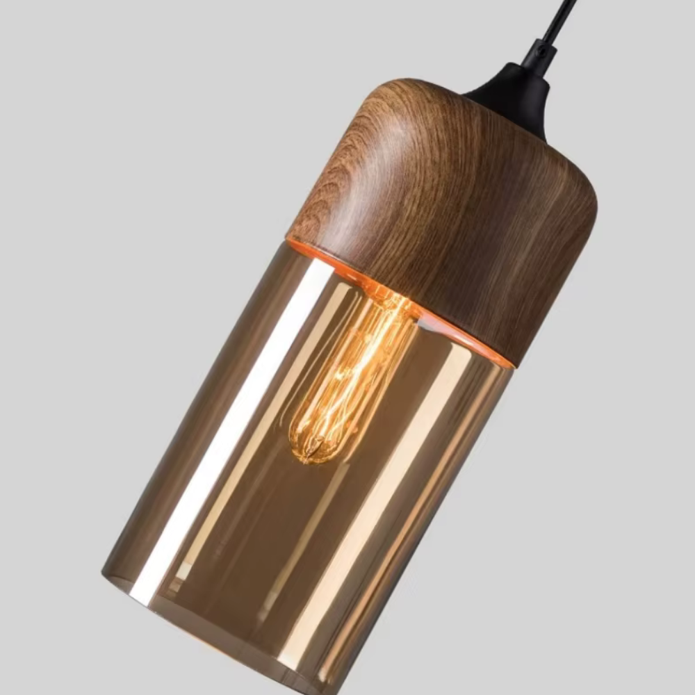 Lámpara de Techo Escandinava NordLuna - F fixture de Luz de Madera con Vidrio Tinteado, Altura Ajustable para Comedores y Espacios Habitables
