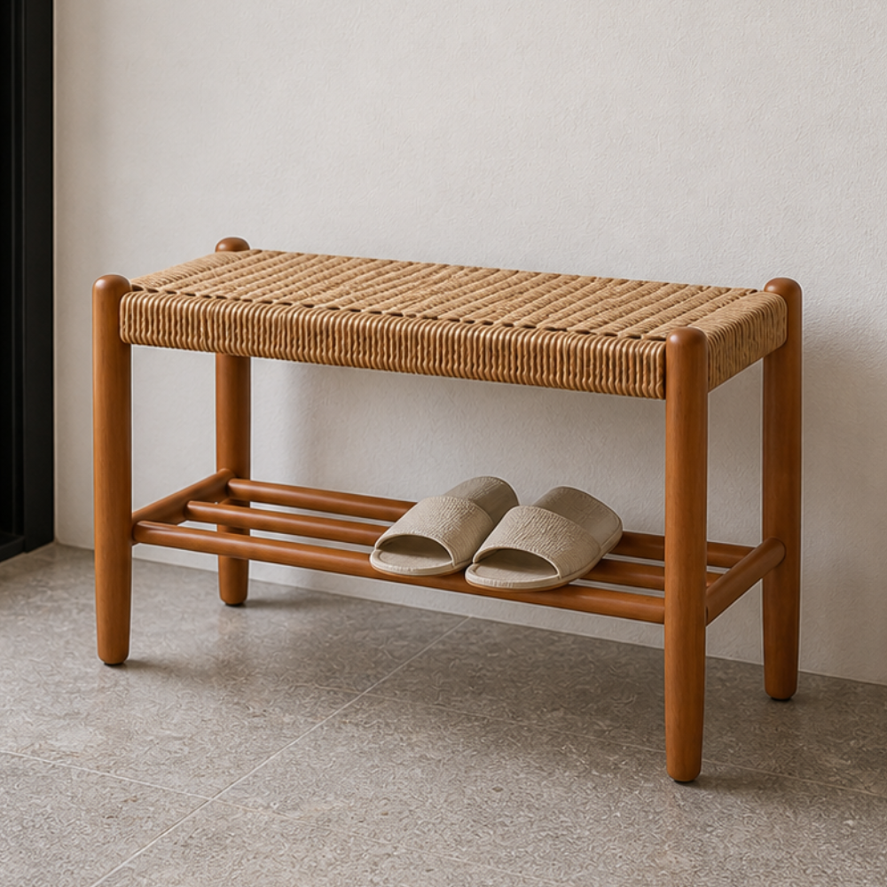 Banca Japonesa Elegante - Diseño de Cuero de Vaca Trenzado y Madera de Cereza para el Vestíbulo