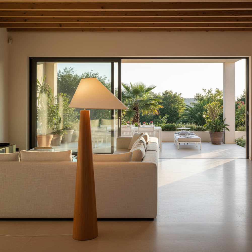 Lámpara de Suelo Moderna Alvin - Elegante Lámpara de Madera de Pie con Pantalla Asimétrica