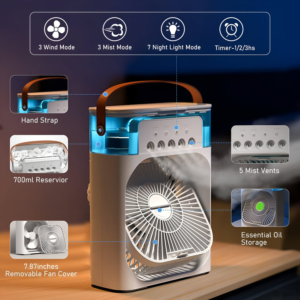 Enfriador de Aire 3 en 1, Humidificador y Purificador de Aire – Aire Acondicionado Portátil para Uso Interior con Luz LED
