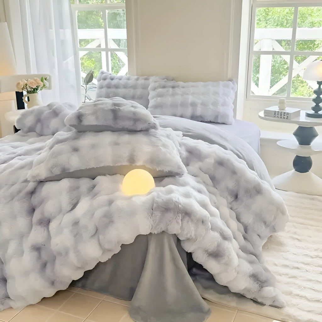 Conjunto de ropa de cama de terciopelo muy acogedor: cálido y suave para el otoño y el invierno | Diseño reversible en piel de conejo y terciopelo color leche