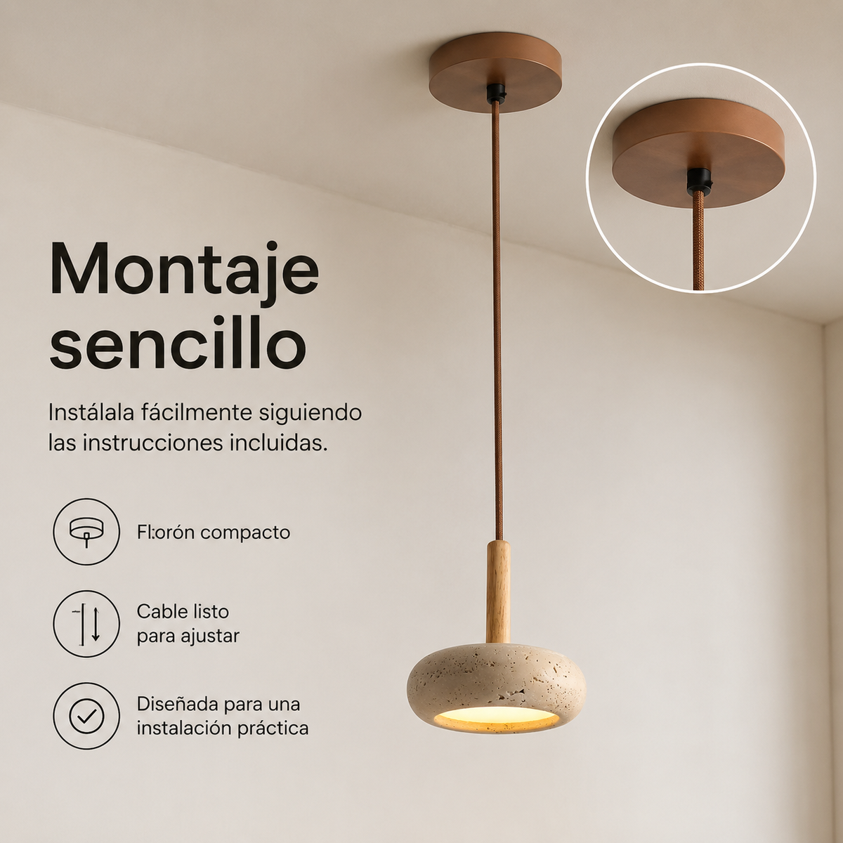 Lámpara Retro Japonesa LED | TranquilHalo | Altura de Suspensión Ajustable | Piedra de Cueva Amarilla & Madera | Ø 15cm Colgante | Max 2m Cable | Montaje Sencillo | Diseño Relajante