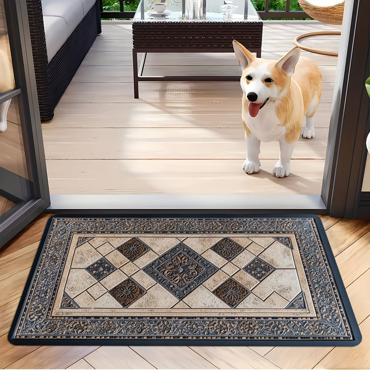 STYLEHAVEN - Alfombrilla de Entrada Lavable a Máquina con Borde Geométrico