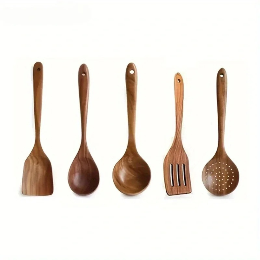 5-Pieza Utensilios de Cocina en Nogal – Estilo Rústico