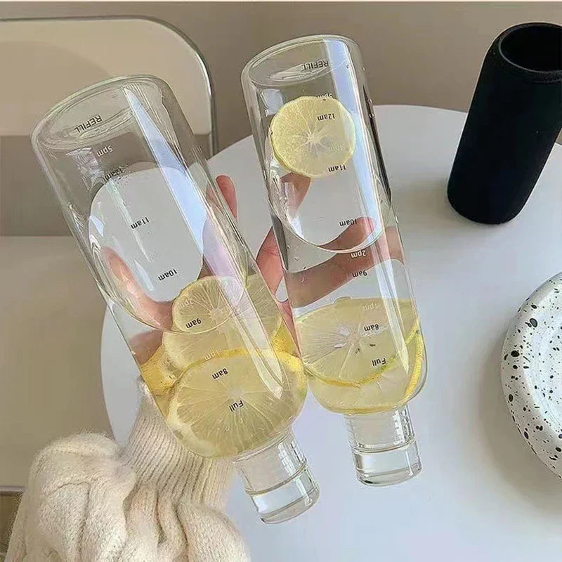 Botella de Agua de Vidrio con Recordatorio de Escala de Tiempo y Tapa a Prueba de Fugas