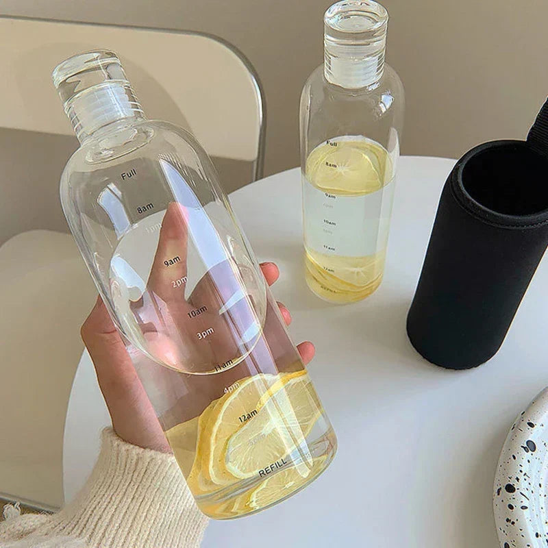 Botella de Agua de Vidrio con Recordatorio de Escala de Tiempo y Tapa a Prueba de Fugas