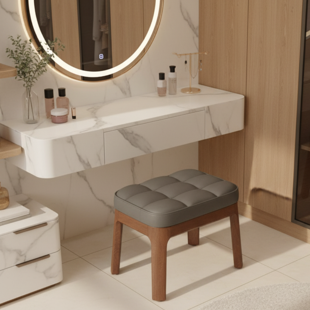 Taburete Bajo Moderno Minimalista - Tapizado en Cuero PU y Estructura de Madera Sólida