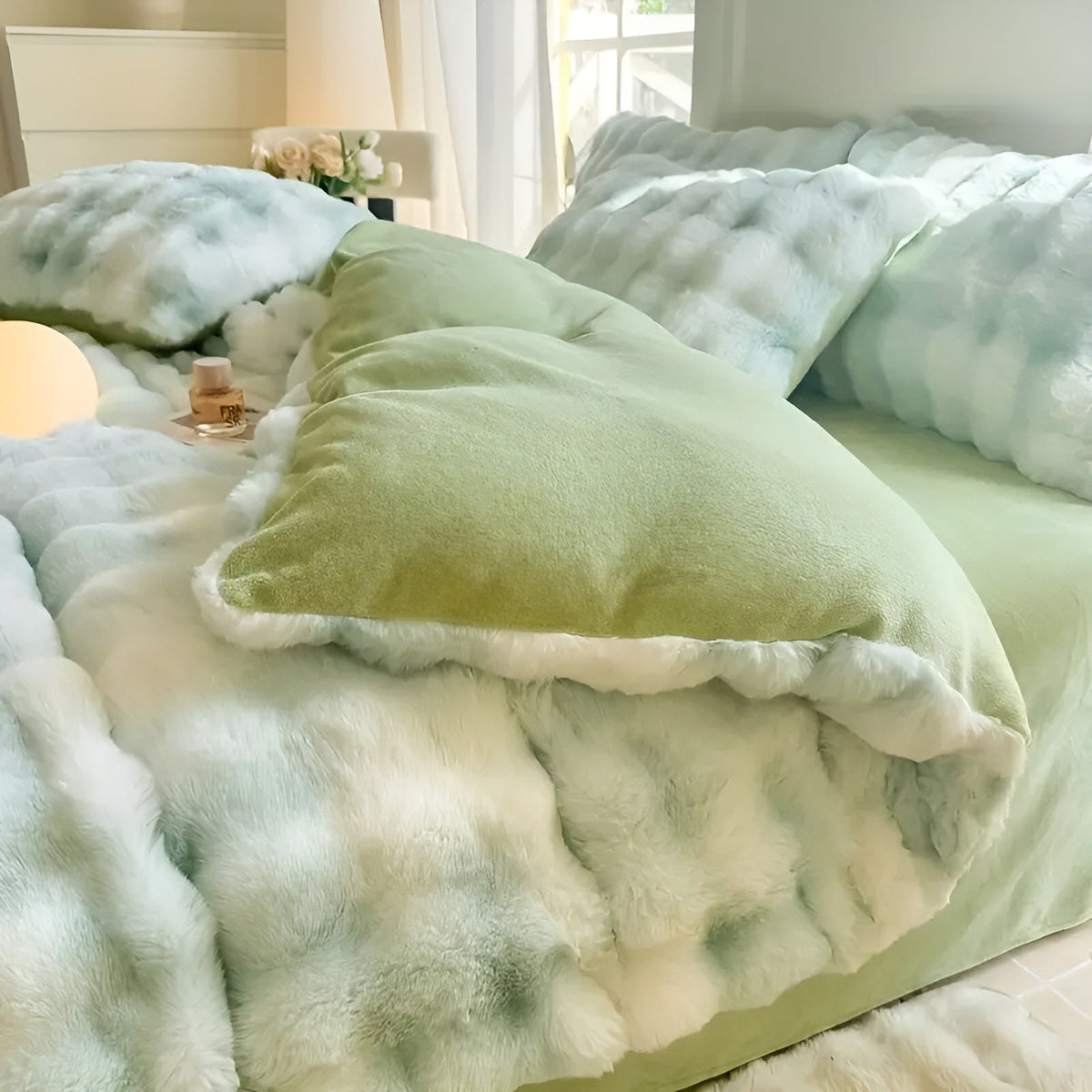 Conjunto de ropa de cama de terciopelo muy acogedor: cálido y suave para el otoño y el invierno | Diseño reversible en piel de conejo y terciopelo color leche