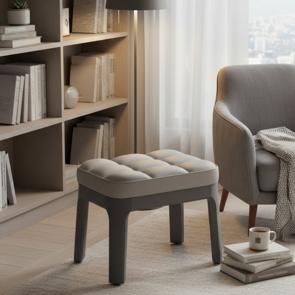 Taburete Bajo Moderno Minimalista - Tapizado en Cuero PU y Estructura de Madera Sólida