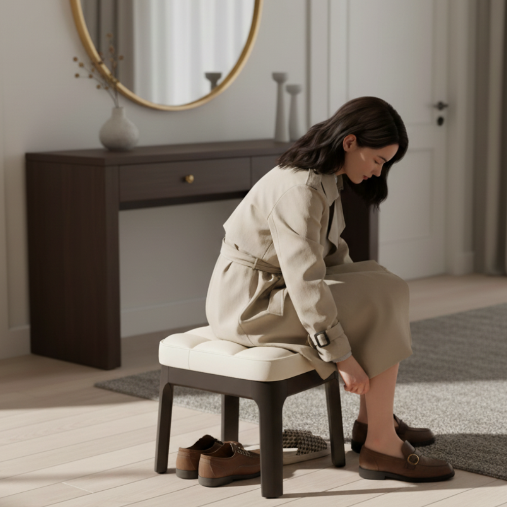Taburete Bajo Moderno Minimalista - Tapizado en Cuero PU y Estructura de Madera Sólida