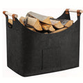 Cesta para leña FELDURA | Plegable | Volumen de 55L | Con asas de madera y detalles de cuero | Gris oscuro