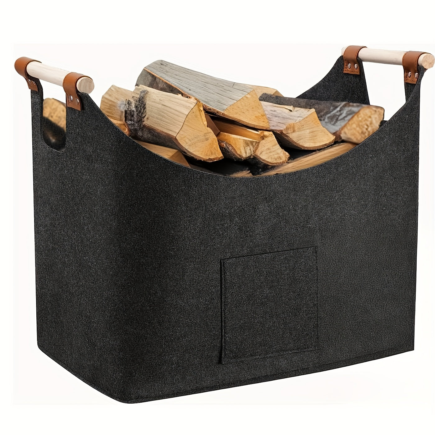 Cesta para leña FELDURA | Plegable | Volumen de 55L | Con asas de madera y detalles de cuero | Gris oscuro