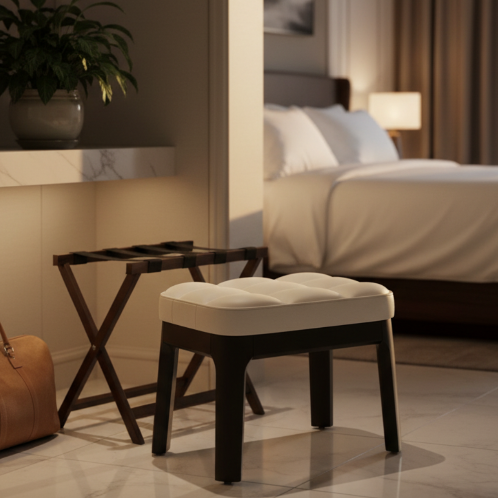 Taburete Bajo Moderno Minimalista - Tapizado en Cuero PU y Estructura de Madera Sólida