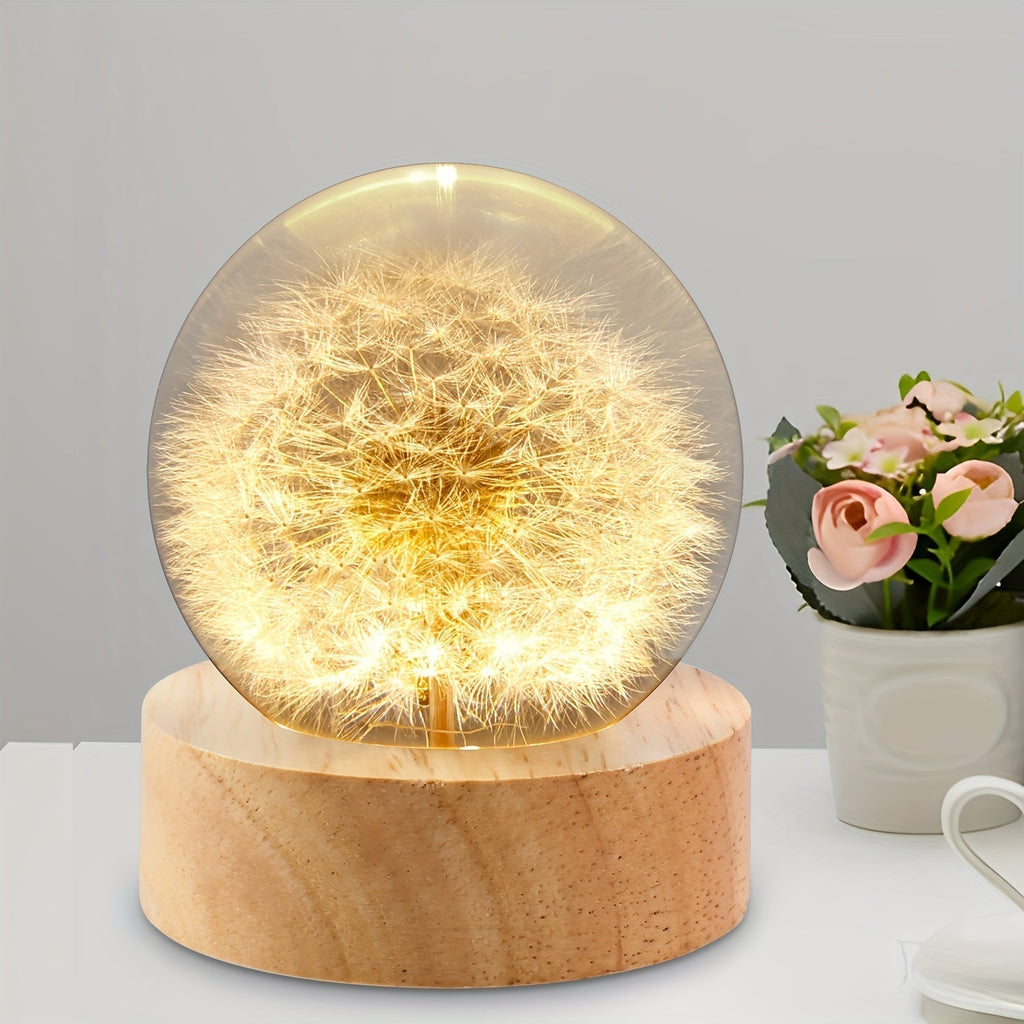 LumiGlow - Elegante lámpara de cristal LED con diseño de diente de león y suave resplandor