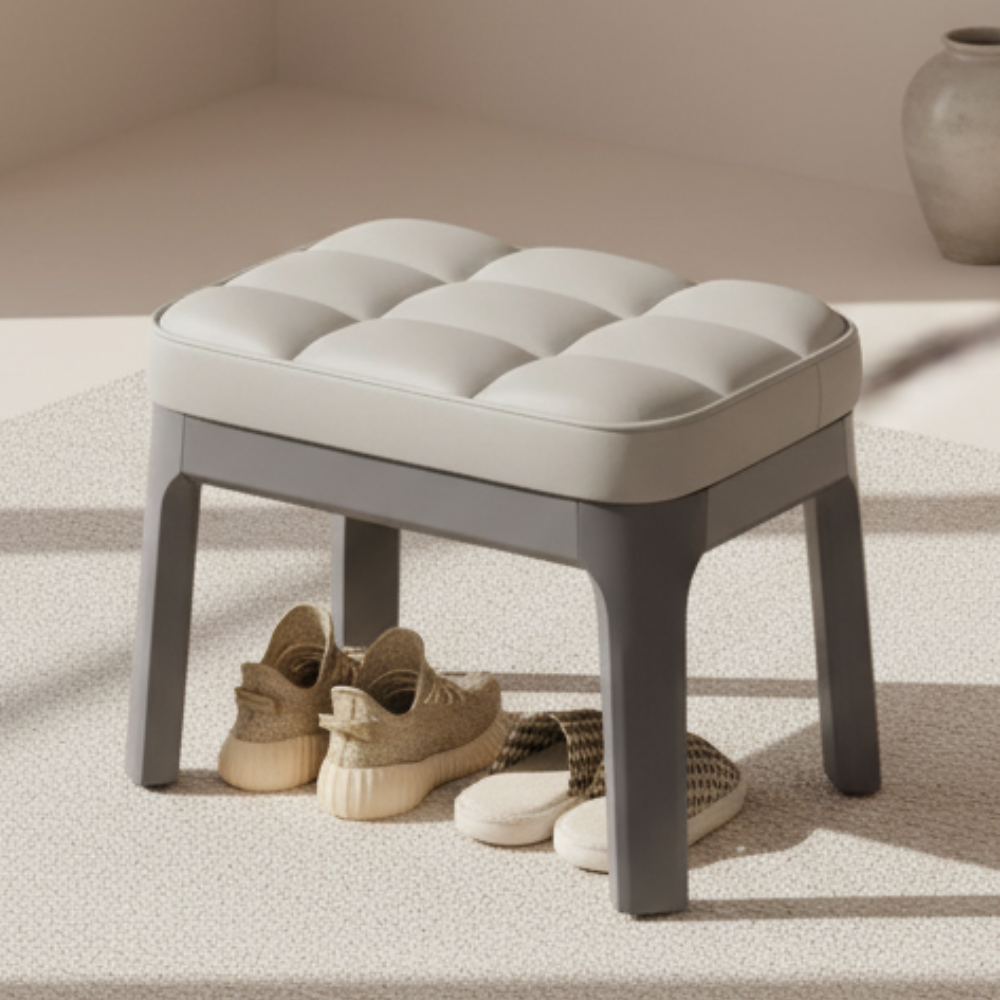 Taburete Bajo Moderno Minimalista - Tapizado en Cuero PU y Estructura de Madera Sólida