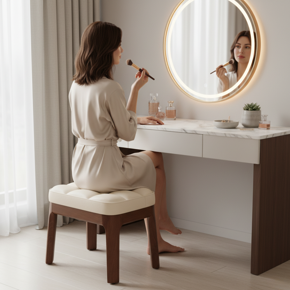 Taburete Bajo Moderno Minimalista - Tapizado en Cuero PU y Estructura de Madera Sólida