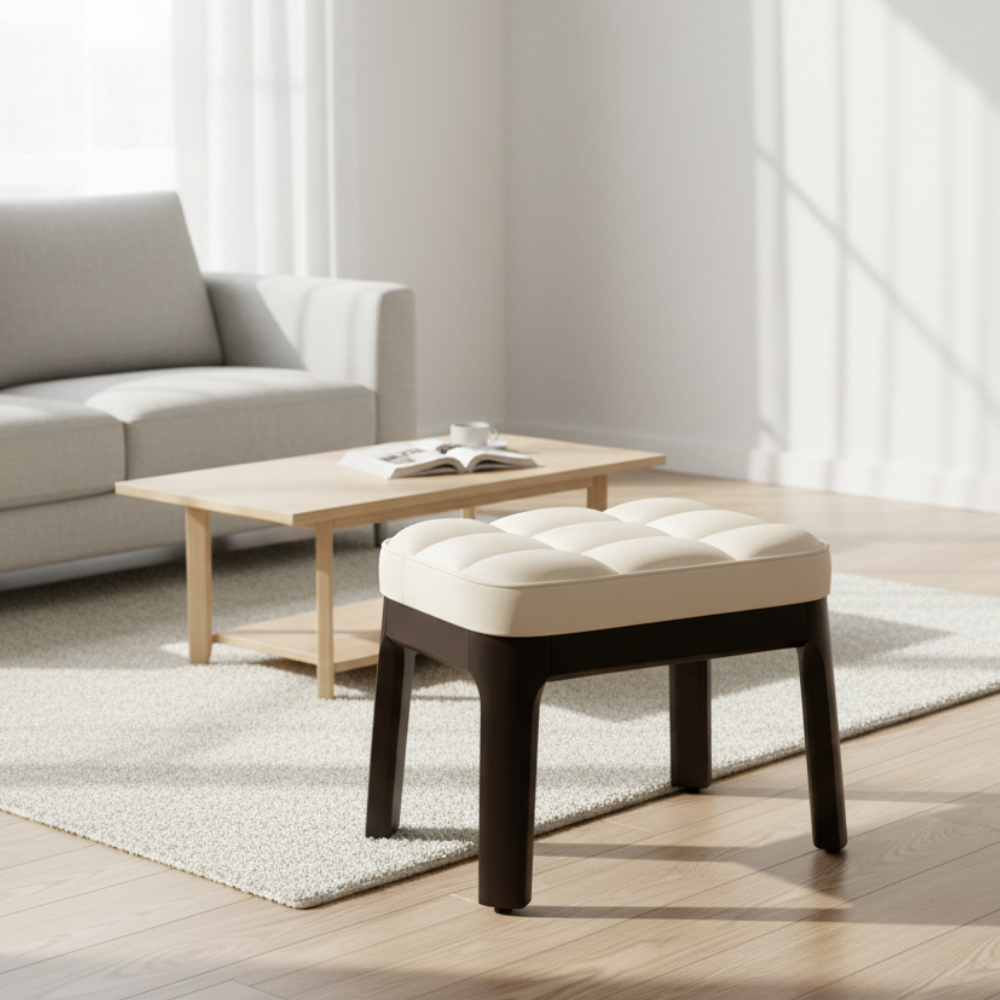 Taburete Bajo Moderno Minimalista - Tapizado en Cuero PU y Estructura de Madera Sólida