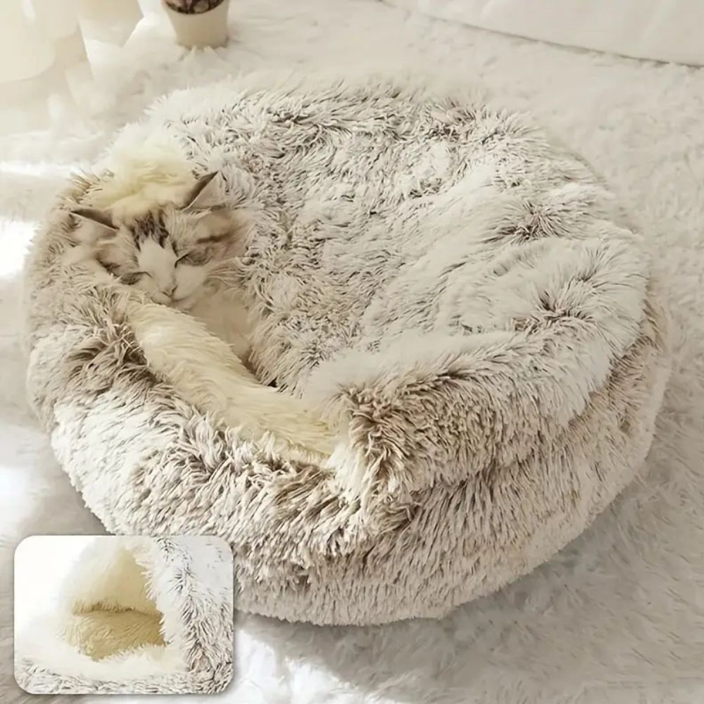 Cama para Mascotas Redonda con Capucha de Piel Sintética