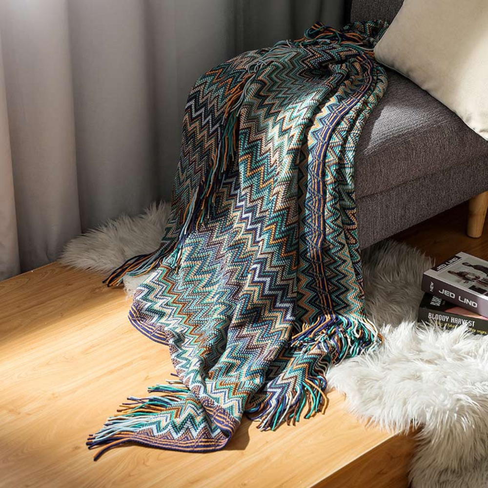 Manta de Tejido con Flecos en Zigzag Multicolor