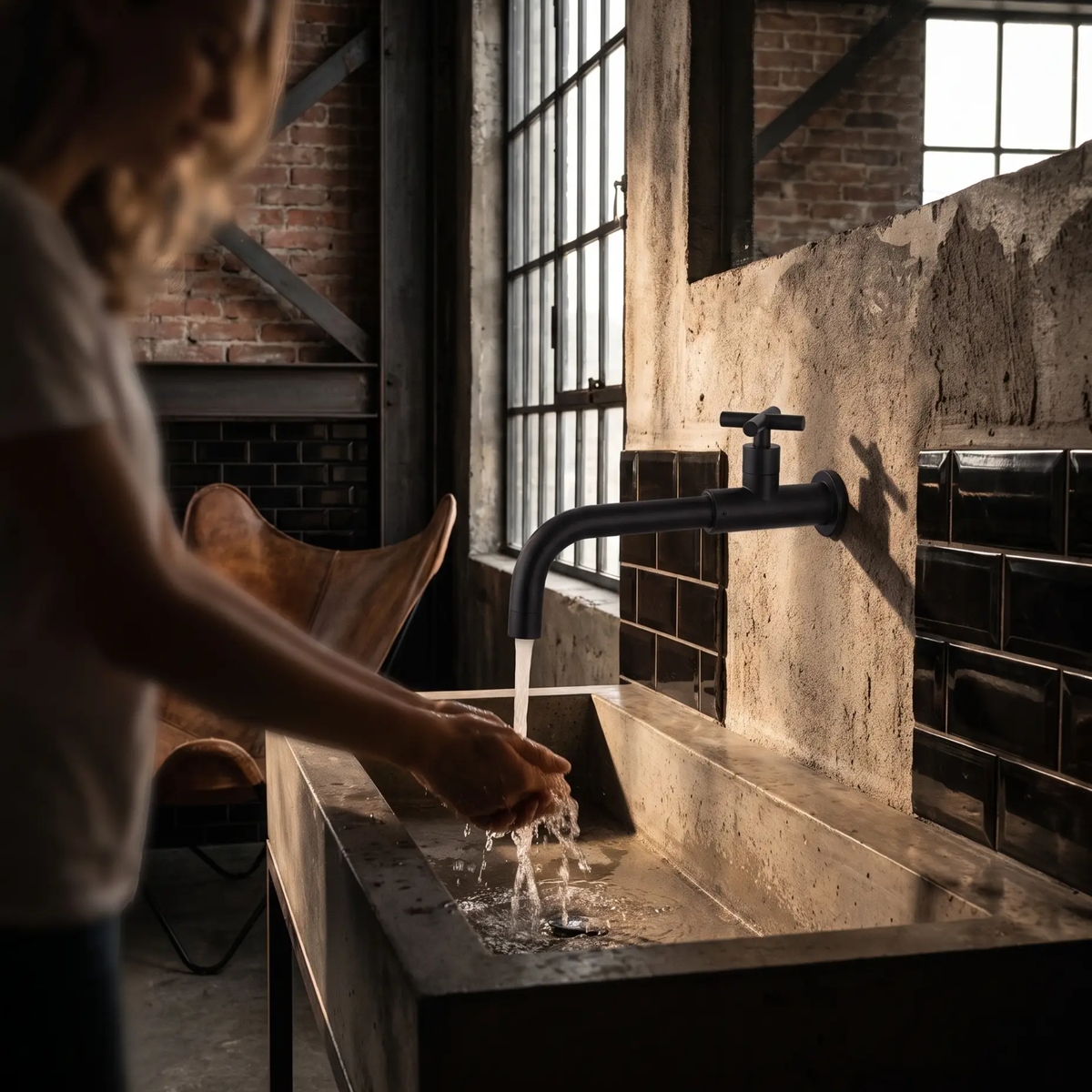 Grifo de baño contemporáneo montado en la pared con manijas cruzadas de acero inoxidable