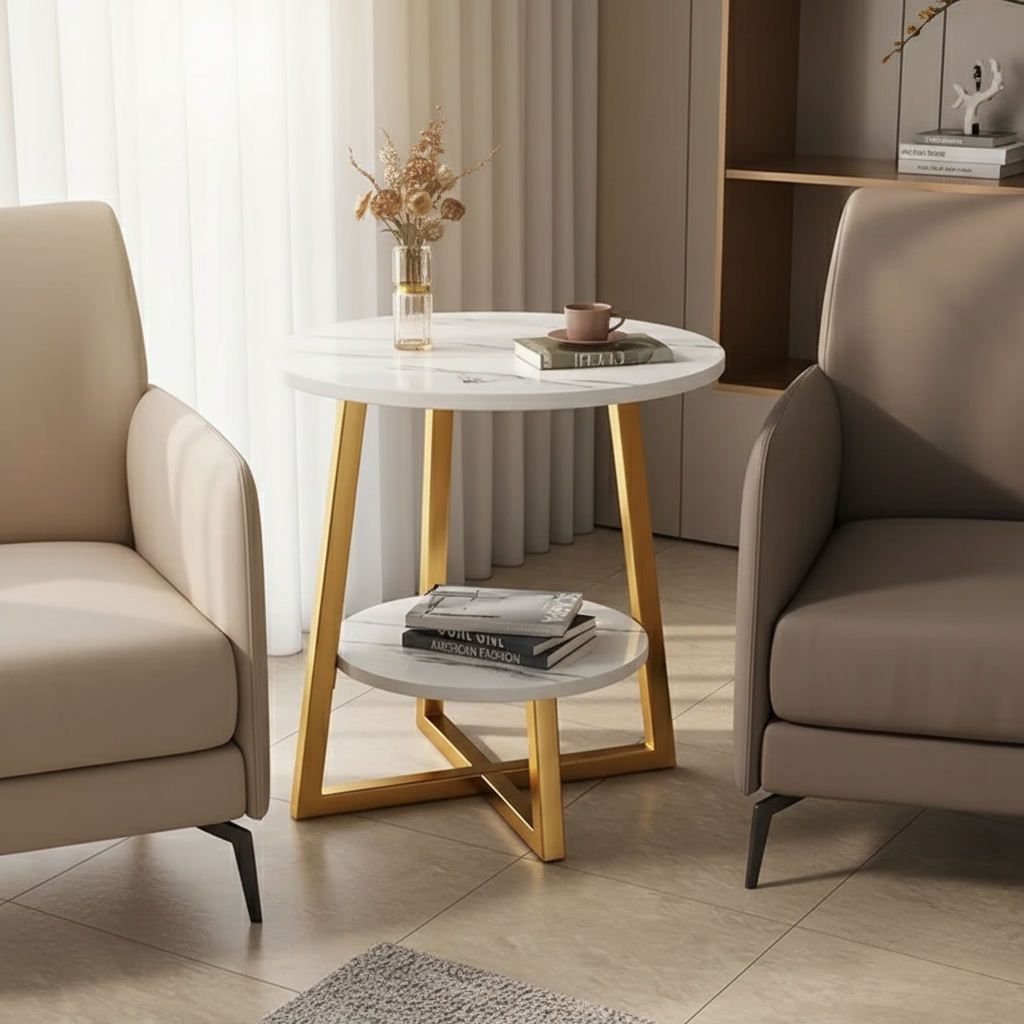 Mesa Lateral Moderna de Dos Niveles con Diseño Compacto – Mesa de Noche Versátil y Mesa de Exterior para Espacios Pequeños