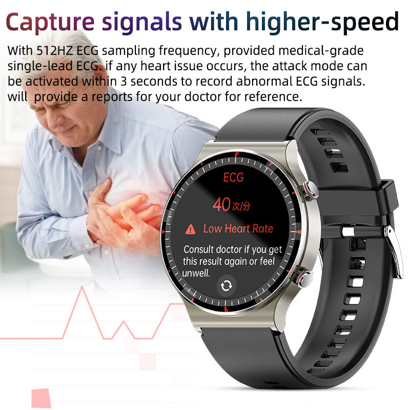 Reloj inteligente médico EKG | Certificado CFDA | Biosensor de alta precisión 512Hz | Monitoreo de SpO2 y frecuencia cardíaca | Análisis de respiración basado en IA | IP67 a prueba de agua