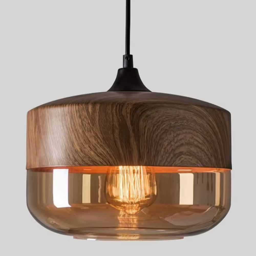 Lámpara de Techo Escandinava NordLuna - F fixture de Luz de Madera con Vidrio Tinteado, Altura Ajustable para Comedores y Espacios Habitables