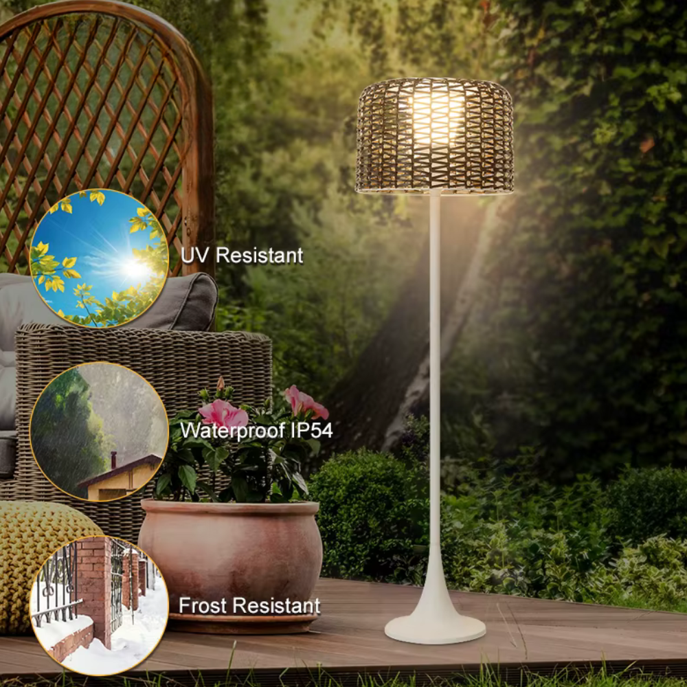 Lámpara de Suelo Solar Exterior Elegante | Luz de Jardín LED de Rattan Impermeable