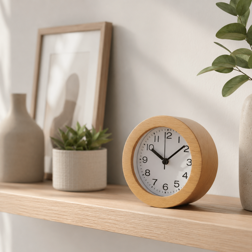 Reloj de Alarma Analógico de Madera Elegante con Movimiento de Cuarzo Silencioso