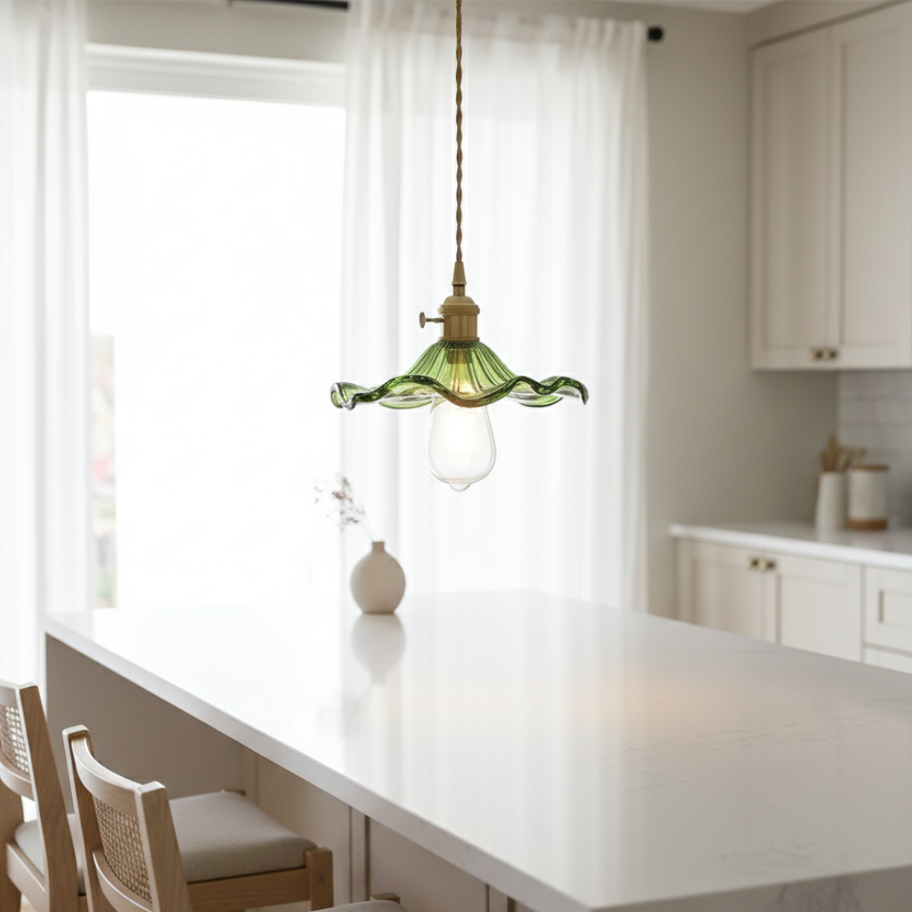 Lámpara Colgante Elegante en Forma de Pétalo - Pantalla de Vidrio Estriado y Accesorio de Latón para Iluminación de Cocina