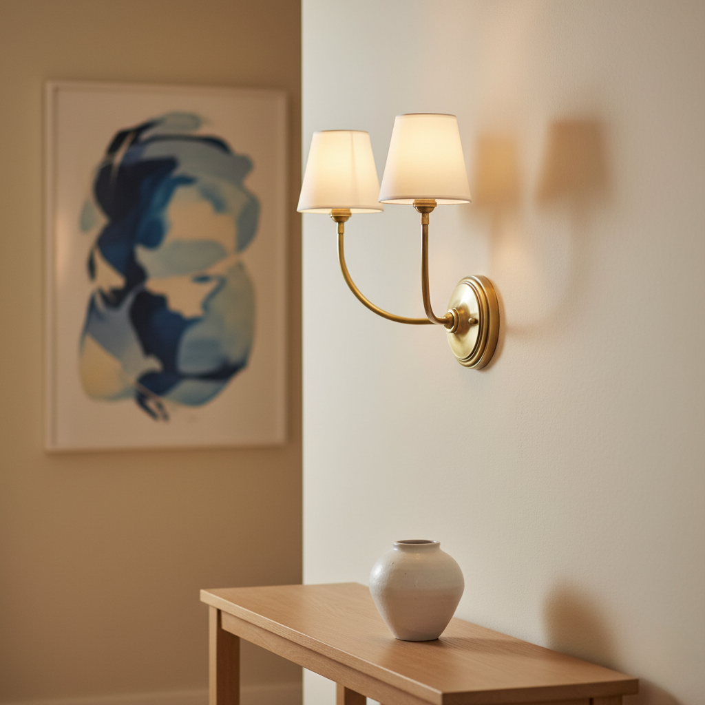 Aplique de Pared Doble Cadence con Brazos de Latón y Pantallas de Tela