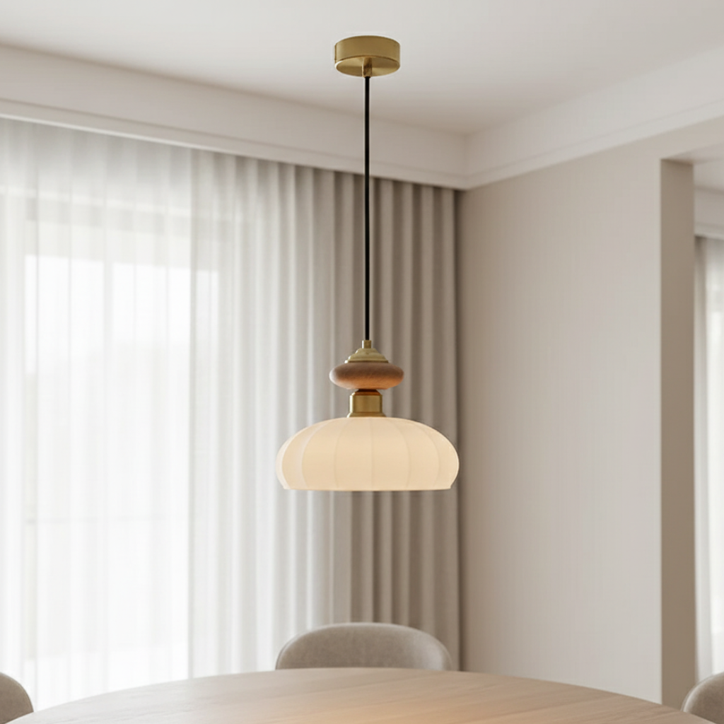 Lámpara Colgante Ceres - Elegante Pantalla de Vidrio Orgánico y Acento de Madera para Iluminación de Isla de Cocina