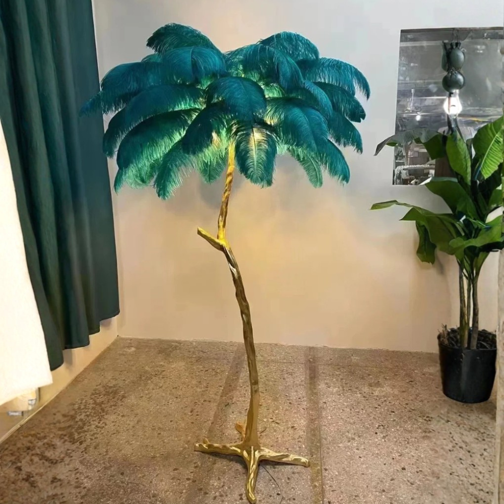 Lámpara de Pie con Pantalla de Plumas Elegante - Lámpara de Trípode Moderna para Sala de Estar
