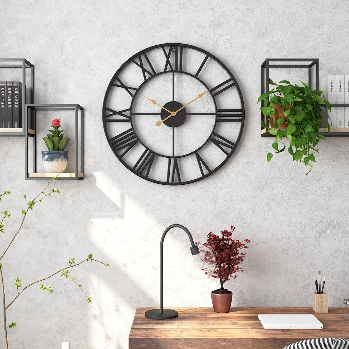 SERENETIME - Reloj de Pared Redondo Vintage Silencioso con Marco de Metal para Dormitorio