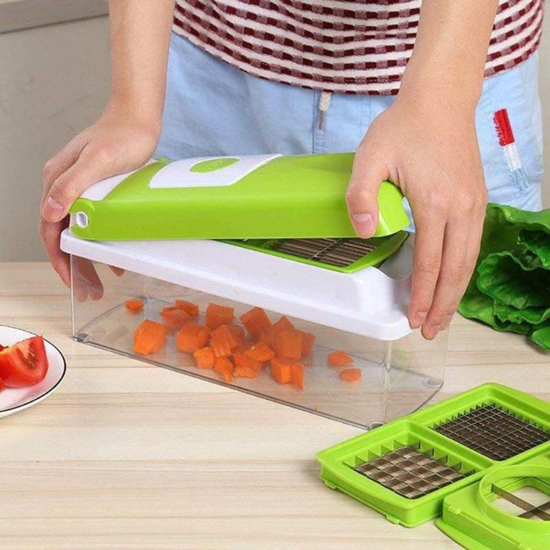 CutMate Cortador de Verduras Multifuncional 12 en 1 | Con Recipiente y Protección para los Dedos | Cuchillas de Acero Inoxidable | Compacto y Seguro