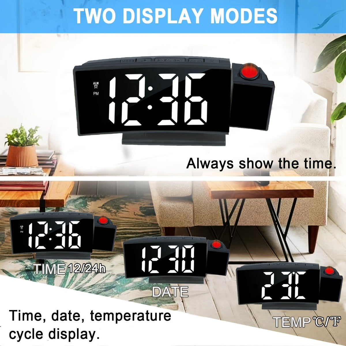Despertador Digital Proyector – Pantalla LED y Función de Snooze con Brillo Ajustable