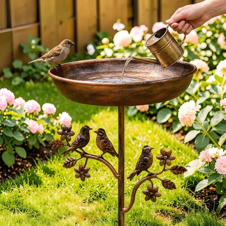 Fuente para pájaros de jardín con piquete de metal en aspecto vintage cobre
