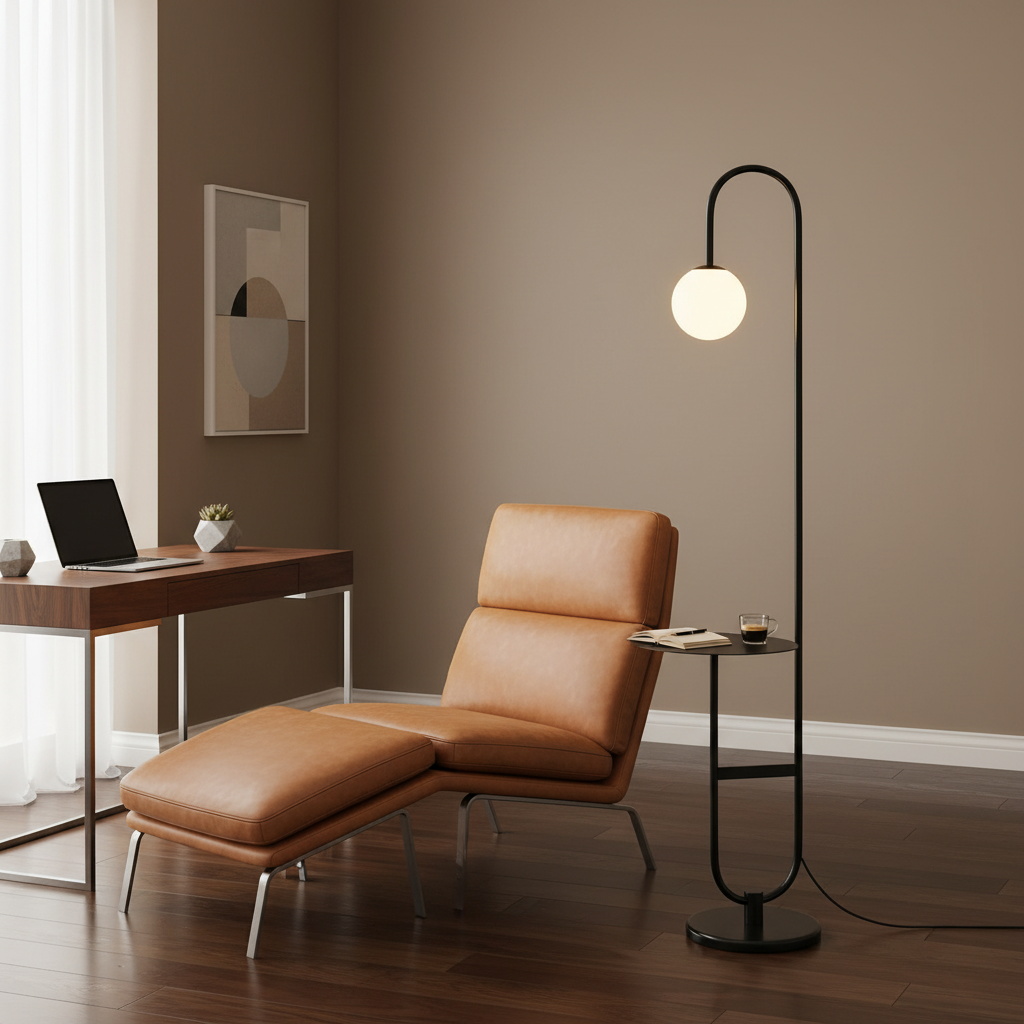NordHalo Arc | Lámpara de Pie Escandinava Moderna y Elegante con Mesa Lateral